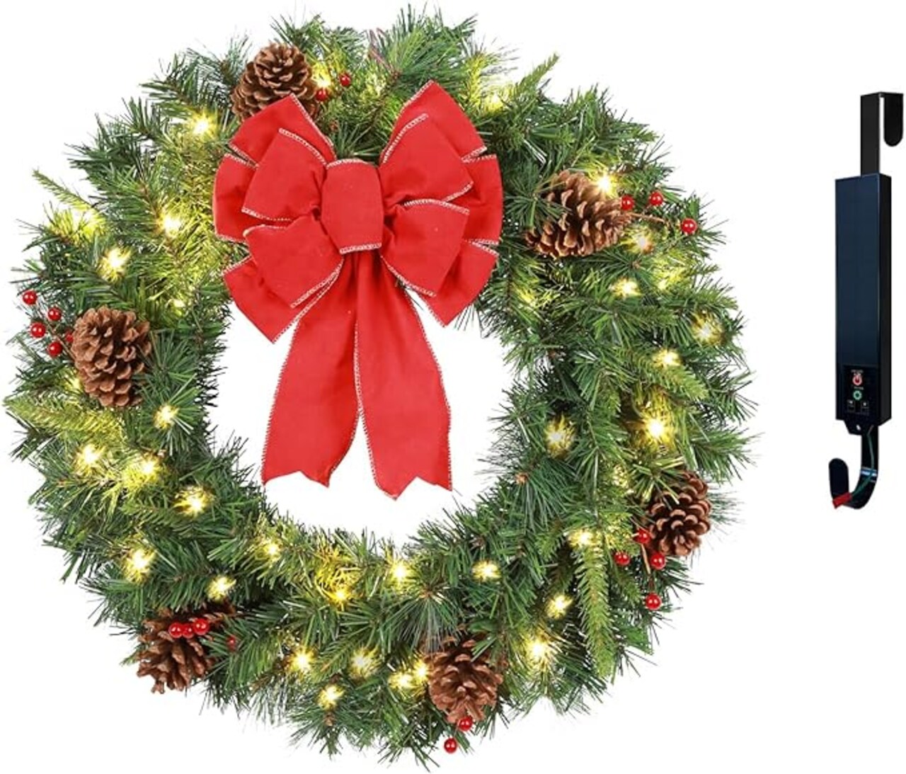 Solar Christmas Wreath Pre-Lit Solar 50 Led Artificial Wreath Outdoor Front Door Window Christmas Decorations with Frosted Branches Pine Cones Berry Clusters Red Velvet Bows 24 Inches